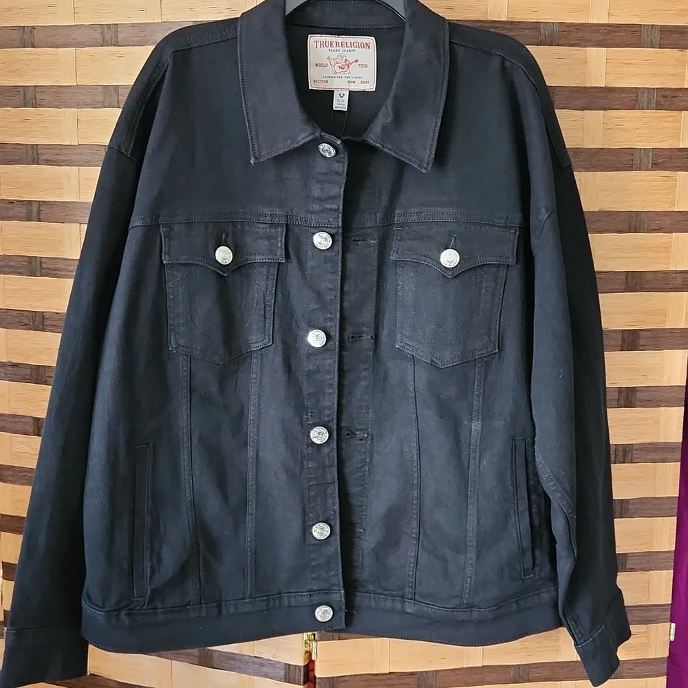 NWT! True Religion Black Denim Jacket with Silver Logo